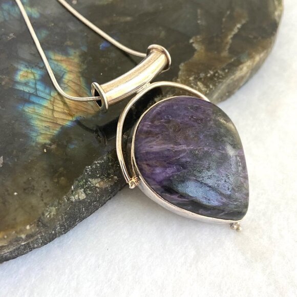 Sterling Silver 925 Teardrop Bezel Set Purple Charoite Pendant Necklace 20" - Picture 4 of 16